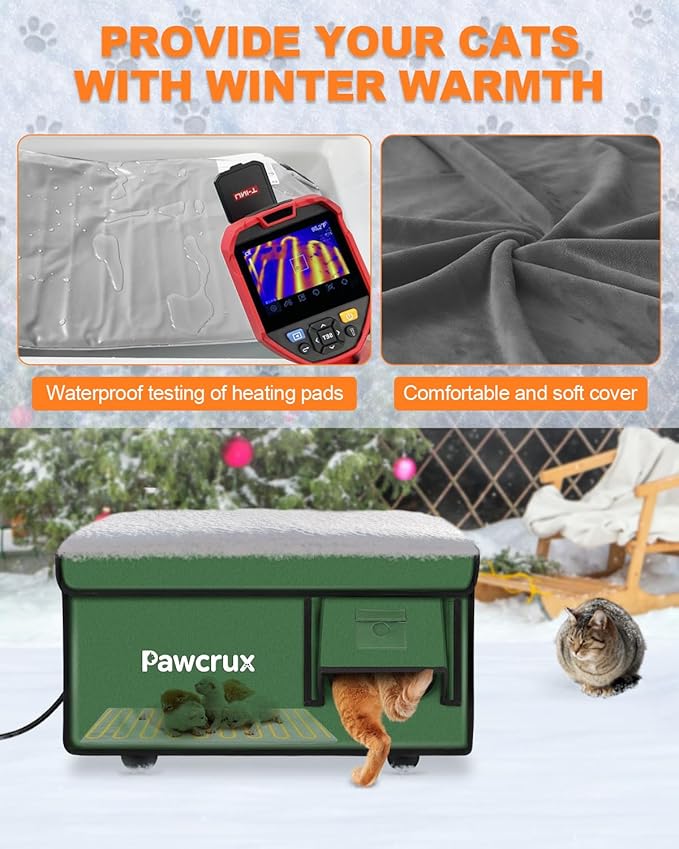 Weatherproof Heated Cat House for Outdoor in Winter, Heated Cat Bed Kitty Shelter with Cat Heating Pad, Insulated & Safe Escape Door, Warm Home for Outside Stray Cat