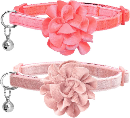azuza 2 Pack Cat Collar Floral with Bell and Removable Flower Bowtie Breakaway Adjustable Velvet Fabric Cat Collar for Pets and Daily Decoration, Light Pink & Dark Pink