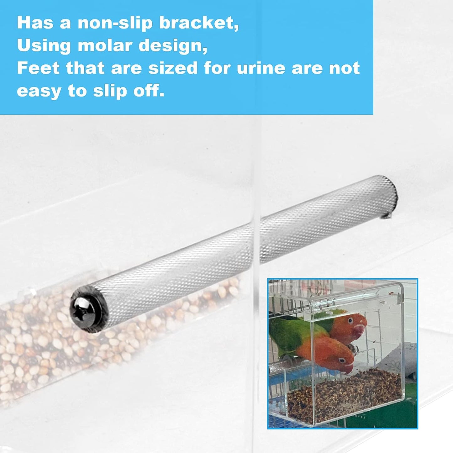 No Mess Bird Feeder for Cage - Automatic Bird Feeder Transparent Food Container Acrylic No Spill Cage Seed Catcher with Stainless Steel Hooks for Parrot Parakeet Cockatiels Lovebirds