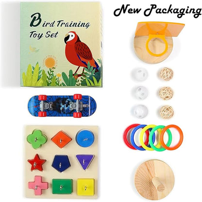 Bird Toys For Parakeets,5pcs Parrot Toys Set （Include Bird Basketball Toy、Bird Skateboard、Bird Stacking Toy、Parrot Wooden Block Puzzles Toy、Small Sepak Takraw）,Parakeet Toys、For Bird Training Toys12
