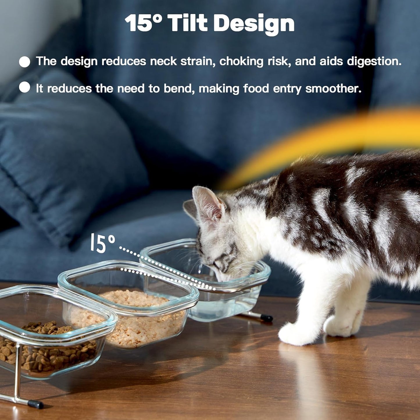 Elevated Cat Bowls, 15° Tilted Glass Raised Cat Food Bowl with Stainless Steel Stand, 3 Glass Cat Bowls and 4 Anti Slip Feet, Suitable for Cats and Little Dogs