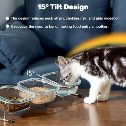 Elevated Cat Bowls, 15° Tilted Glass Raised Cat Food Bowl with Stainless Steel Stand, 3 Glass Cat Bowls and 4 Anti Slip Feet, Suitable for Cats and Little Dogs