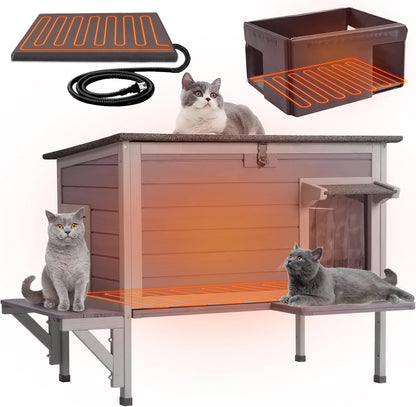GUTINNEEN Heated Cat House for Outside Insulated Cat House Outdoor Weatherproof Feral Cat Shelter with Heated Pad, All-Round Thermal Liner, Secure Escape Doors for Cats (Winter-Ready)