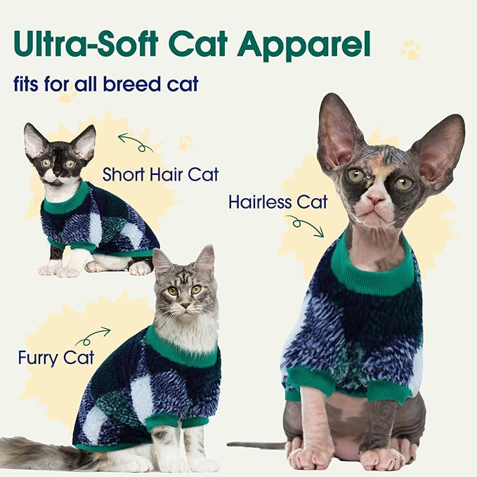 DENTRUN Cat Sweater Winter Clothes - Plush Fleece Coat with Cotton Lining, Anti-Static, Front Legs Kitten Pajamas, Stretch Ribbed Cuffs for Warmth, Cozy Christmas Outfit for Small Medium Large Cats