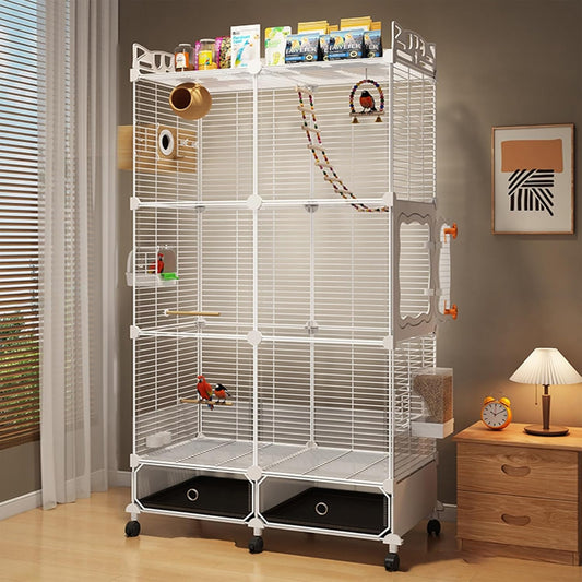 Large Parrot Cage with Acrylic Doors, 4 Casters, Perch & Feeder, Detachable Drawer, Ideal for Cockatiels, Budgies, Conures, Indoor/Outdoor Use – Spacious White Birdcage(White,72 * 36 * 142)
