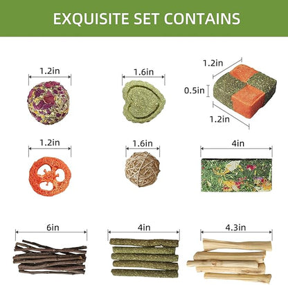 50-60pcs Bunny Chew Toys for Rabbits Teeth, Natural Rabbit Toys Apple Wood Sticks, Carrot, Timothy Grass Treats for Small Pets, Hamster, Chinchilla, Guinea Pig (50-60Pcs Rabbit Treats)