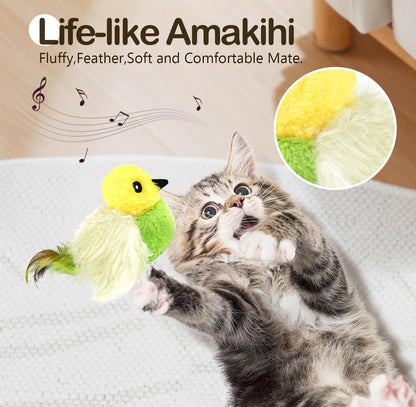 Migipaws Cat Toys,Interactive Lifelike Amakihi Flying Flapping Bird with Catnip, Feathers Hanging by Elastic String, Automatic Chirping Kitten Toys for Indoor Cats Self Play, Rechargeable(Green)