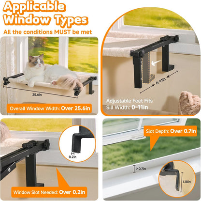 Cat Window Perch Bed Cat Hammock for Window Sill Seat, 2 in 1 Adjustable Large Cats Sleeping Beds with Cushion Steel Frame Kitten Perches for Windowsill, Bedside, Floor (Beige)