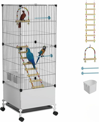 Medium Flight Bird Cage, Black Parakeet Cages with Rolling Stand & Wheels, Wide Birdcage for Parrots Cockatiels Conure Budgie Canary Finch Lovebird