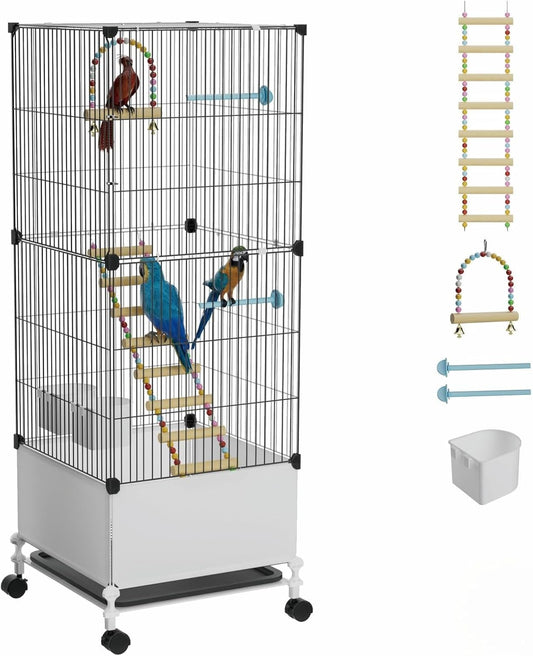 Medium Flight Bird Cage, Black Parakeet Cages with Rolling Stand & Wheels, Wide Birdcage for Parrots Cockatiels Conure Budgie Canary Finch Lovebird
