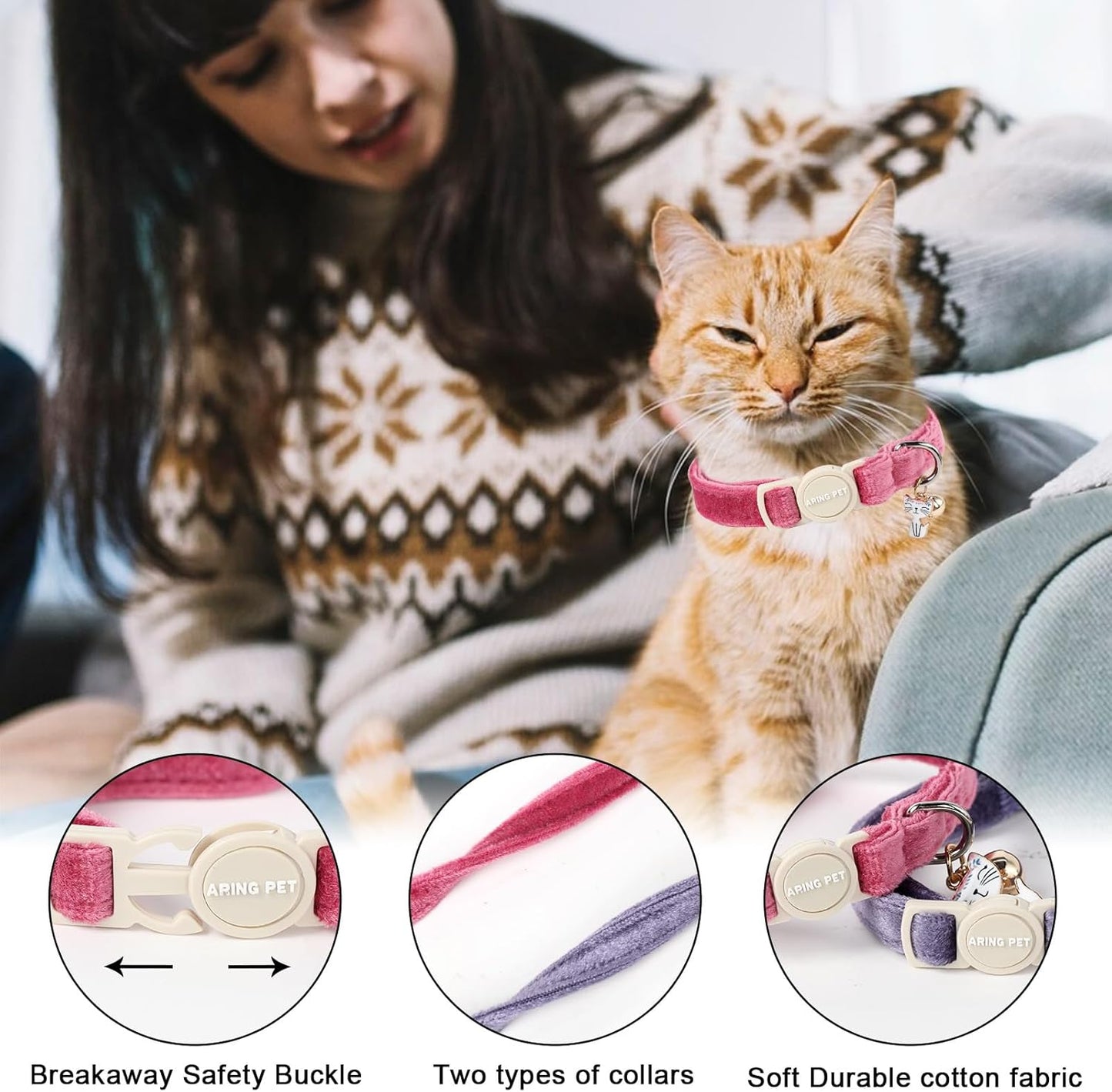 ARING PET 2 Pack Cat Collars-Cute Breakaway Cat Collar with Bell & Pendant, Adjustable Velvet Purple&Rose Red Kitten Collars with Safety Buckle for Girl and Boy Cats