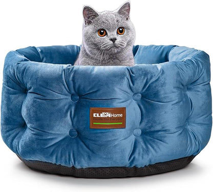 ClevaHome Deep Nest Cat Bed for Small Pets up to 15lbs - Round Cat Beds for Indoor Cats, Luxurious Velvet Feel, Extra High Sides, Machine Washable Comfort Pet Bed with Non-Slip Bottom (Steel Blue)