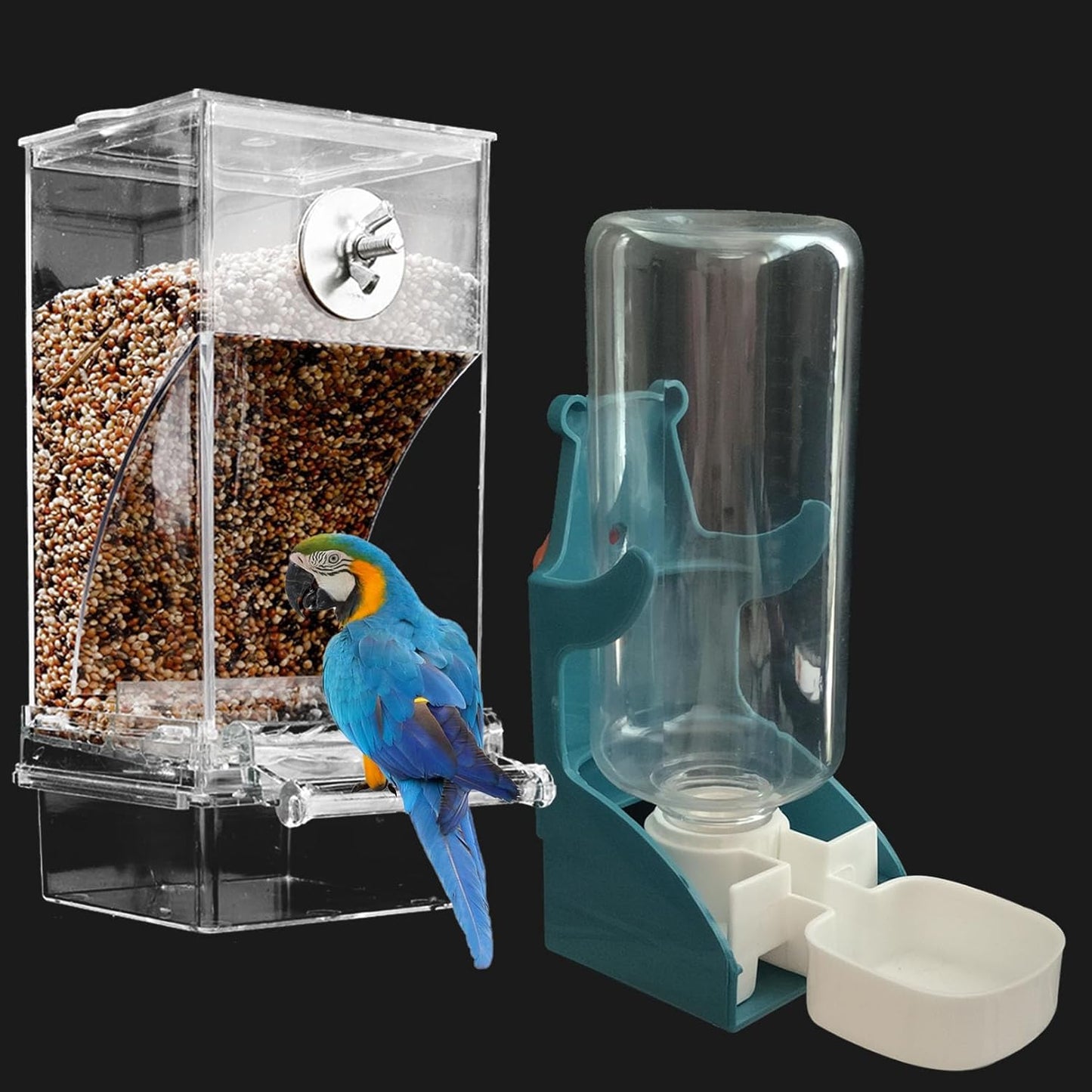 No Mess Bird Feeder Water Dispenser Set, SHGNUY Automatic Transparent Parrot Feeder Acrylic Parrot Food Container Drinker Cage Accessories for Small Birds Canary Parakeet Finch (Dark Green, 1)