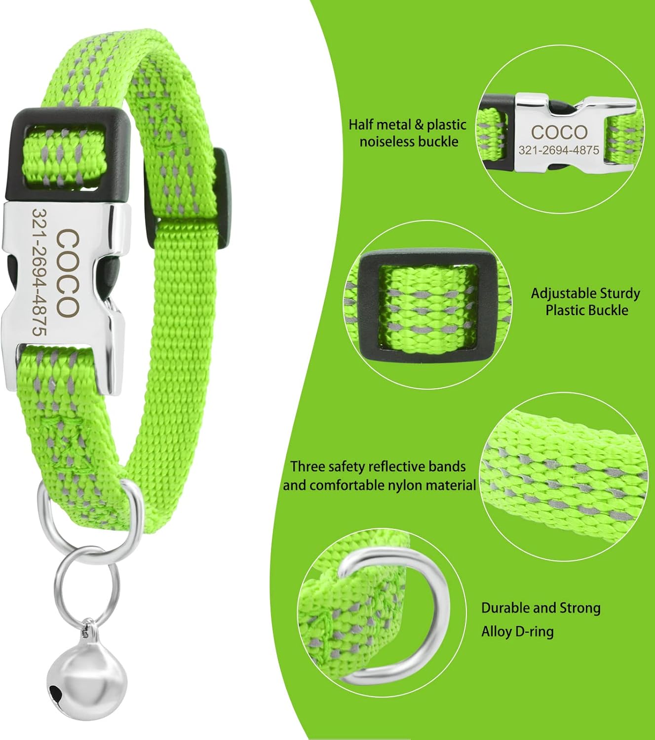 Personalized Reflective Nylon Cat Collar with Name Phone,Custom Engraved Buckle Cat Collar with Bell,Adjustable for Small Dogs Puppy Kitten (Green,fit 7.5''-12.0'')