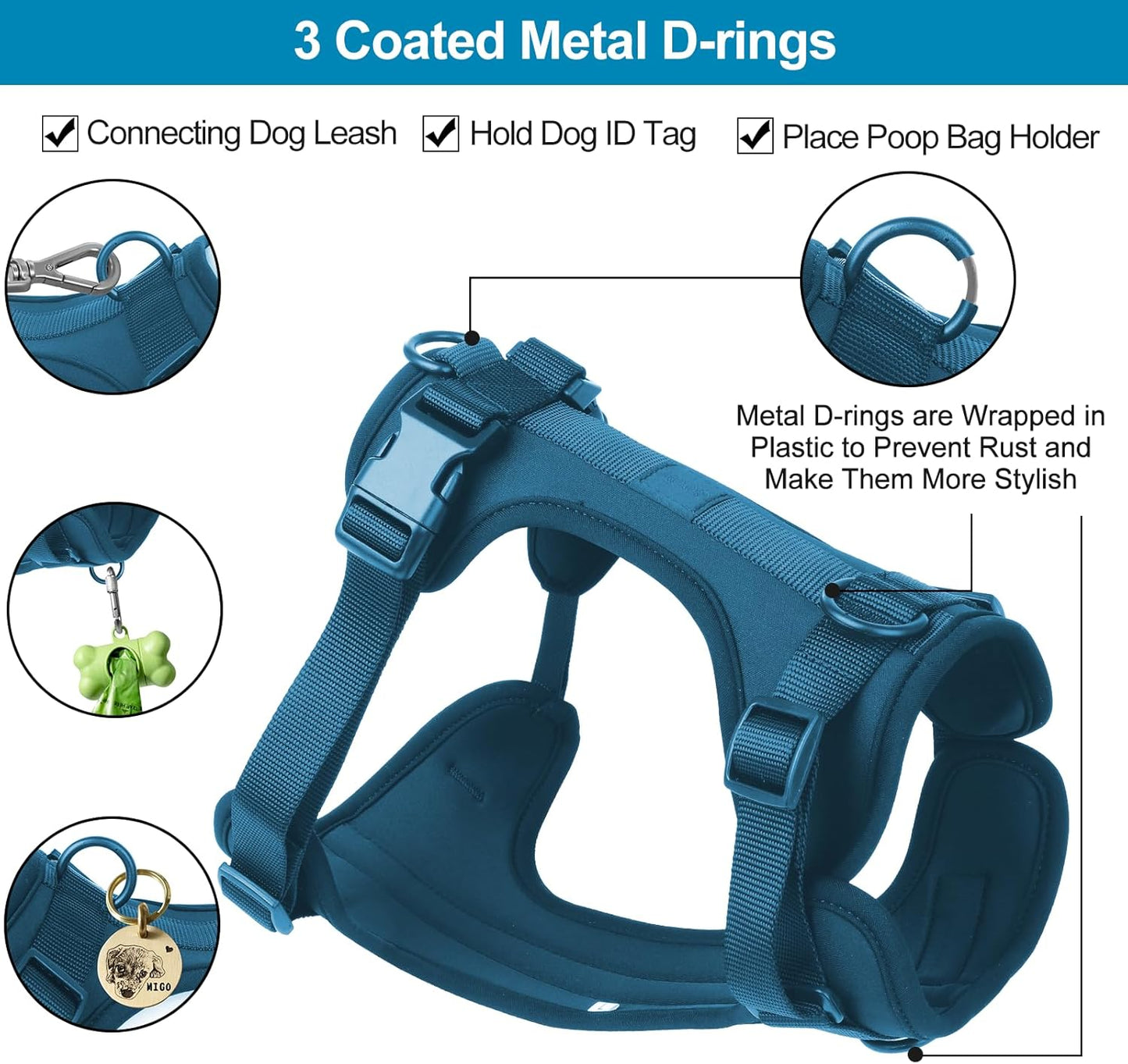 No Pull Lightweight Dog Harness: Adjustable Durable Breathable Mesh Pet Vest Harness with Soft & Comfortable Cushion, for Small Medium Large Dogs (L, Navy)