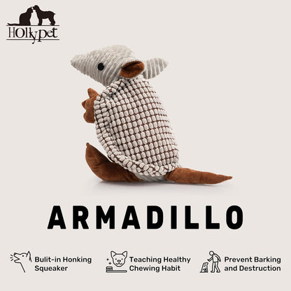 Hollypet Plush Dog Squeaky Toy Stuffed Armadillo Animal Pet Puppy Chew Toys with Clean Teeth for Small Medium Large All Breed Sizes Dogs, Gray Large, 8 in