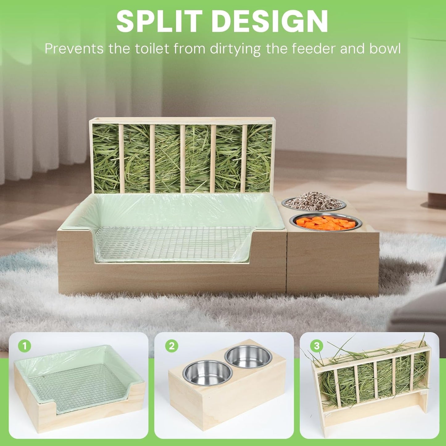 3-in-1 Steel Grids Rabbit Litter Box with Hay Feeder & Waste Collection – Bunny Toilet Training Kit, Large Plastic Potty for Rabbits, Guinea Pigs, Small Animals – Easy Clean, Durable, Odor Control