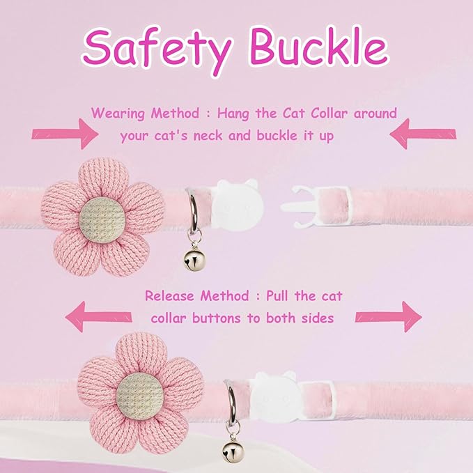Breakaway Cat Collars with Bells, MUZIEBA Kitten Collar for Girl Boy Adjustable Safety Kitty Collars for Cats Puppy and Small Pets (Pink)