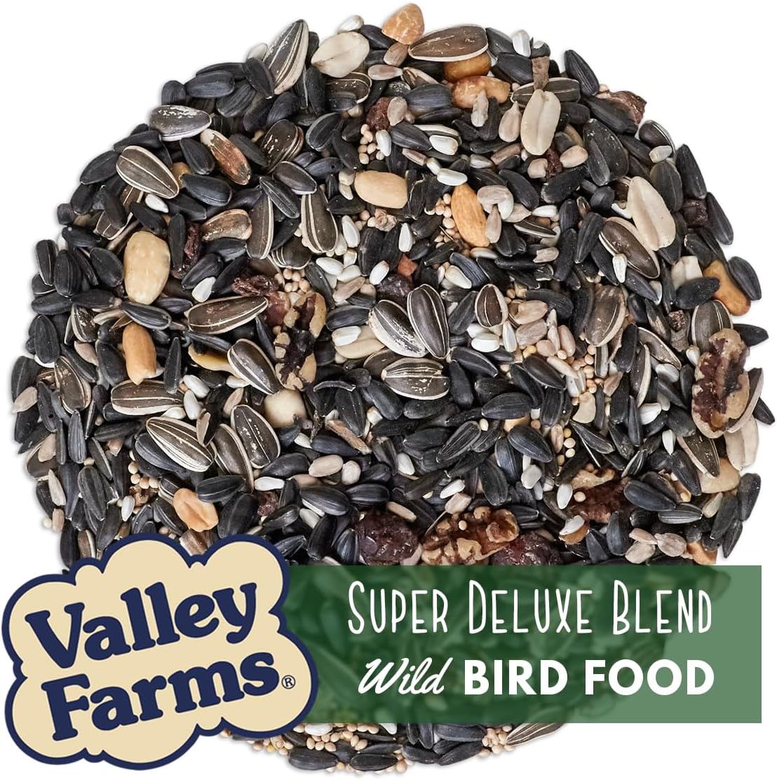 Valley Farms Super Deluxe Wild Bird Food (15 LB) for Outside feeders - 0% fillers - Loads of Sunflower Seed - w/Peanut kernels -Feed More Birds w/Less Seed
