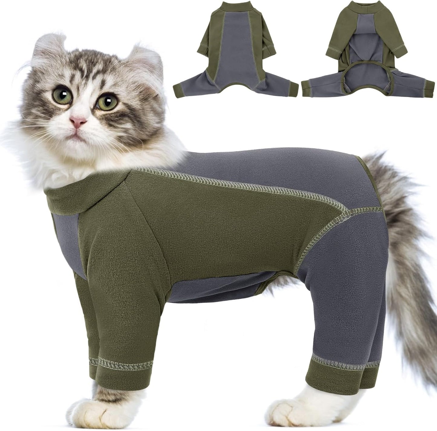 SUNFURA Hair Sticky Cat Clothes, Cat Sweater for Cats Only, 4-Legged Fleece Sweaters Kitten Pajamas Reduce Shedding Fur, Warm Pullover Shirts for Cats, Army Green S