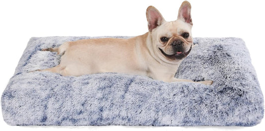 Bedfolks Plush Dog Crate Bed, Washable Cover, Faux Fur, Large, 35"x23", Dark Blue