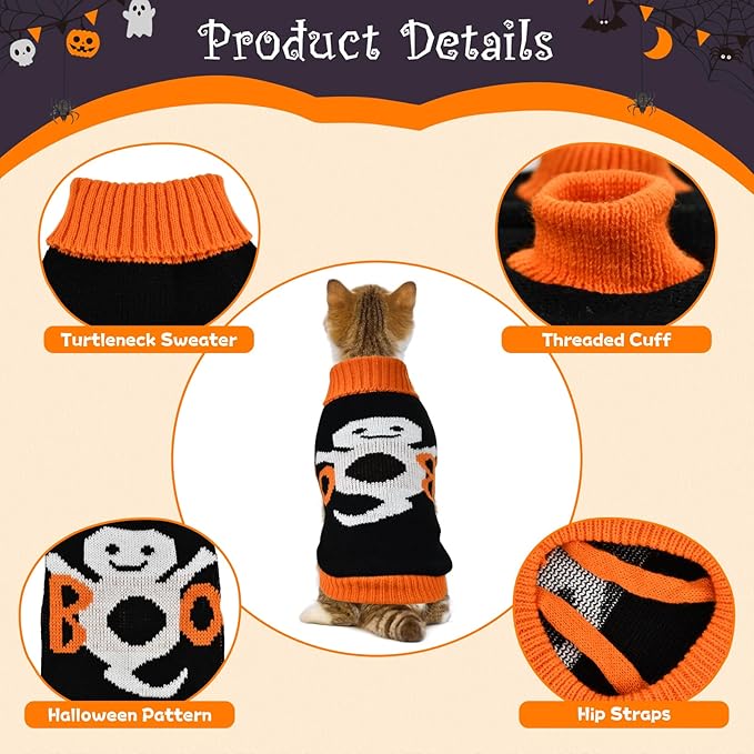 2Pcs Halloween Dog Sweaters Kitten Cat Knitwear Puppy Cat Halloween Pumpkin Ghost Sweater Pet Halloween Sweater Clothes Outfit Costume for Kittens Cats Puppies Small Medium Dogs XL