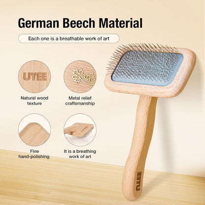 UTEE Slicker Brush for Long-Haired Cats & Small Dog (Pomeranians, Bichons, Shih Tzus, Ragdoll & Persian Cats) Gentle Grooming Tool with Stainless Steel Curved Pins & Ergonomic Beech Wood Handle