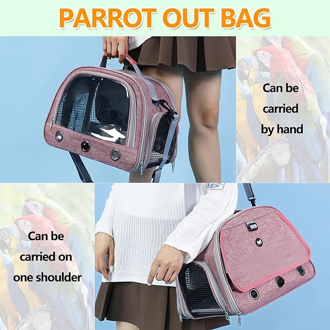 Bird Backpack,with Feeder Cups Tray Perch Portable Breathable Bird Carrier,for Small Birds Parrots Cockatiels (Pink)
