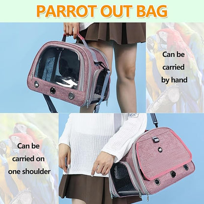Bird Backpack,with Feeder Cups Tray Perch Portable Breathable Bird Carrier,for Small Birds Parrots Cockatiels (Pink)