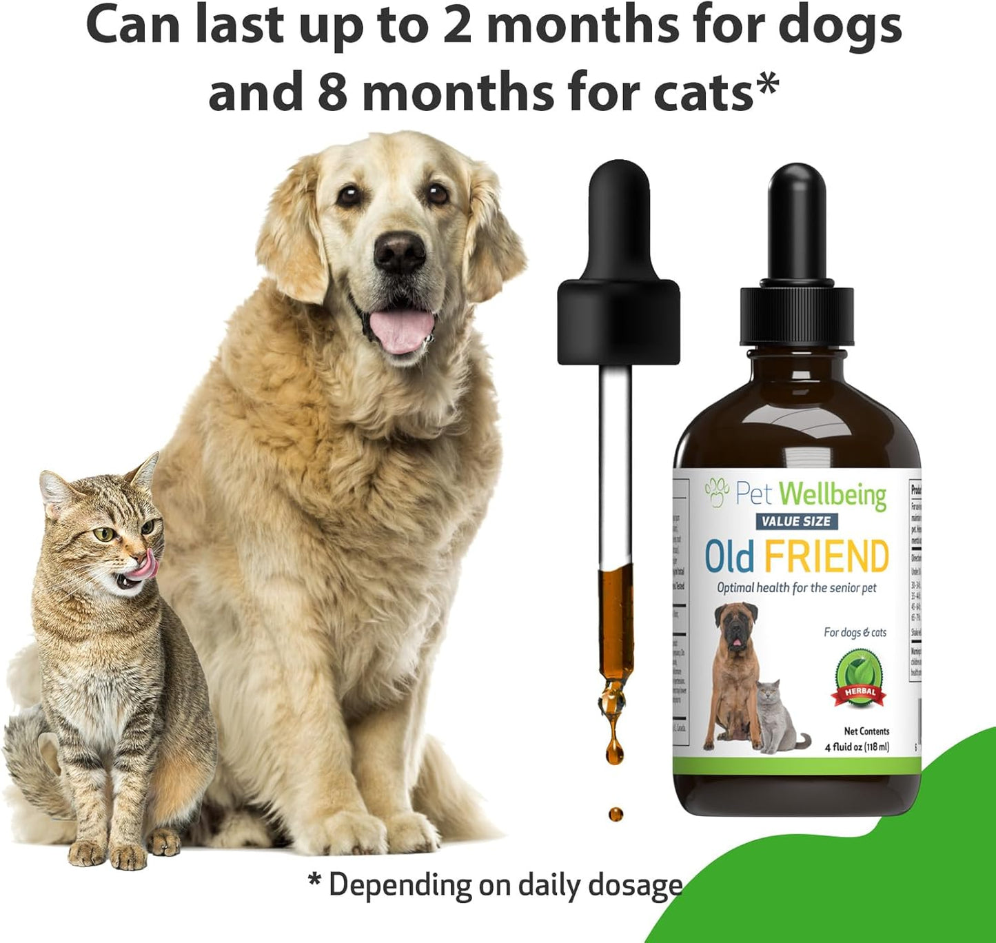 Pet Wellbeing Old Friend for Senior Dogs & Cats- Supports Immune System Health, Joint Mobility, Healthy Energy Levels, Alfalfa, Reishi - Veterinarian-Formulated Herbal Supplement 4 oz (118 ml)