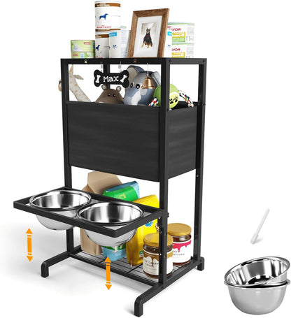 Elevated Dog Bowls, Height Adjustable Raised Dog Bowl Stand (3.5'' to 11''), Multifunctional Lifted Bowl Holder with Pet Food Organizer for Large Medium Small Dogs, Black