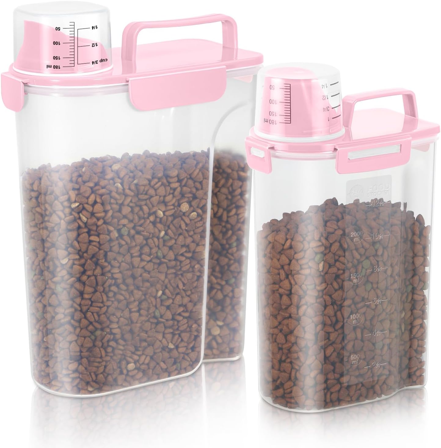 3+5Lbs 2Pack Small Cat Dog Food Storage Containers BPA Free, Airtight Pet Food Storage Containers with Large Pour Spout/1 Measuring Cup/ 4 Safety Locks and Double-Layer Silicone Strip (Pink)