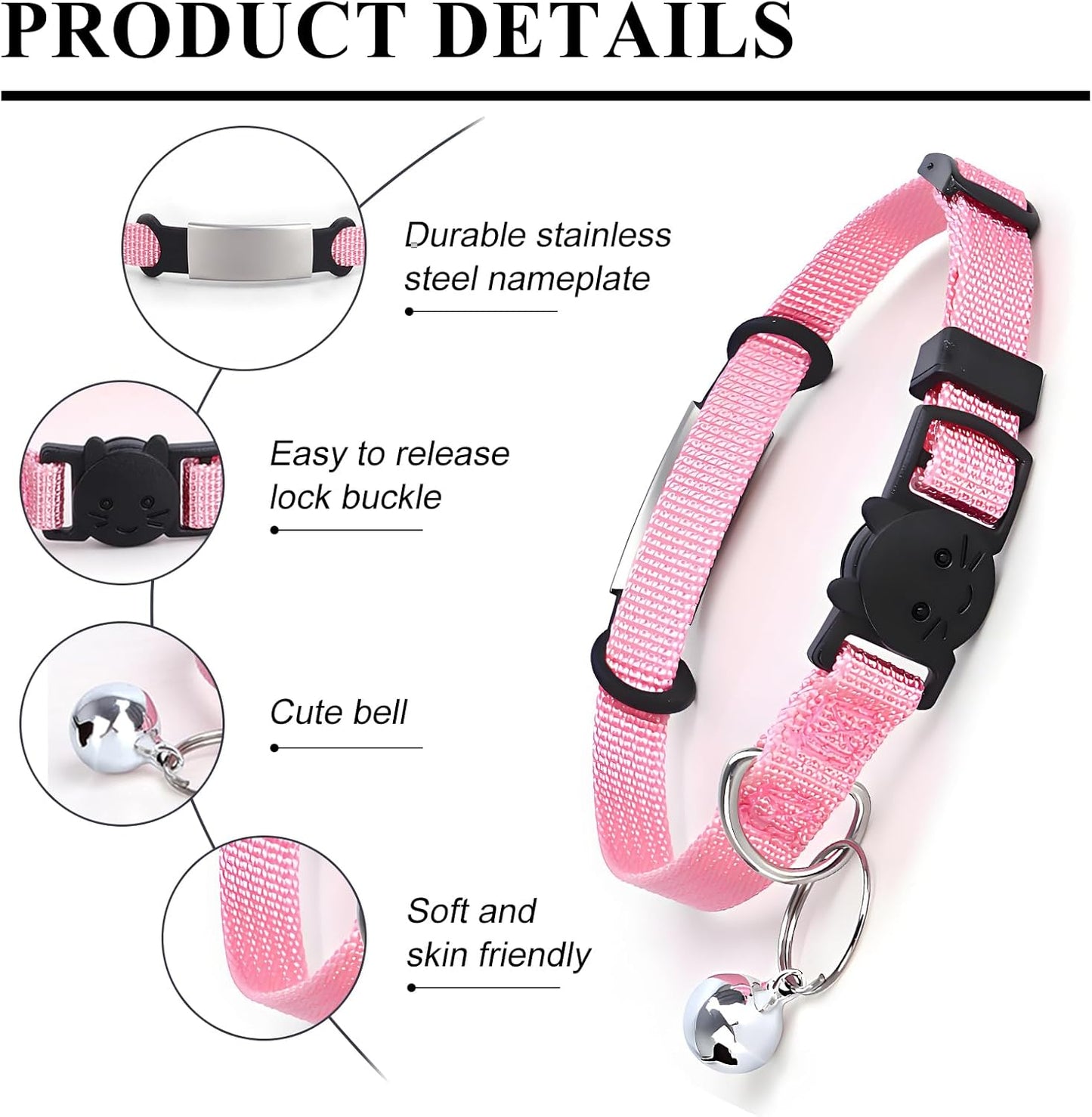 Personalized Kitten Cat Collar with Silent Slide On Silicone Name Tag | Adjustable and Durable Nylon Collar with Bell | Custom Laser Engraved Pet Name | Phone Number | Suitable for Kitten Cat