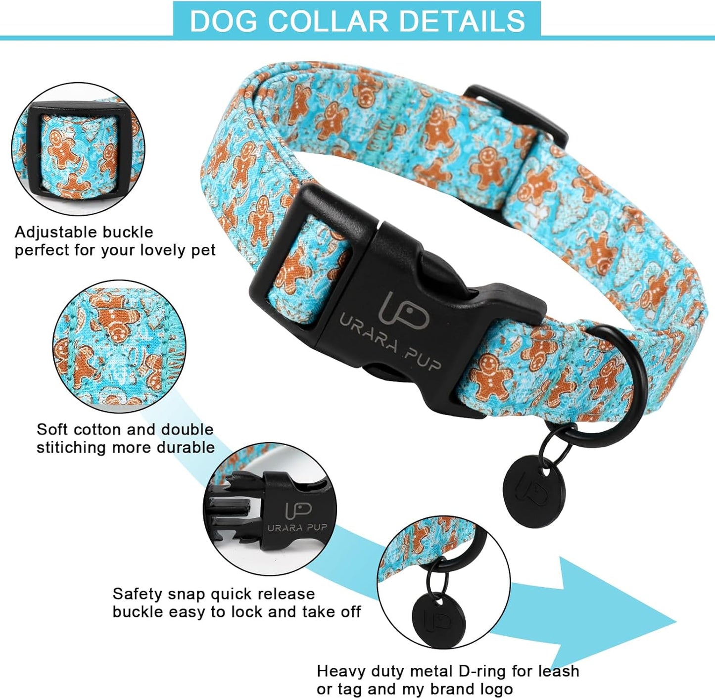 Christmas Dog Collar,Adjustable Gingerbread Pet Collar,Chriatmas Puppy Collars for Small Medium Large Dogs, M,Neck 13.5-22in