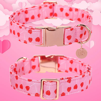 Valentine's Dog Collar, Pink Heart Pattern, Cotton, Adjustable Size, Metal Buckle, Medium, Pink, For Small, Medium, Large Dogs or Cats