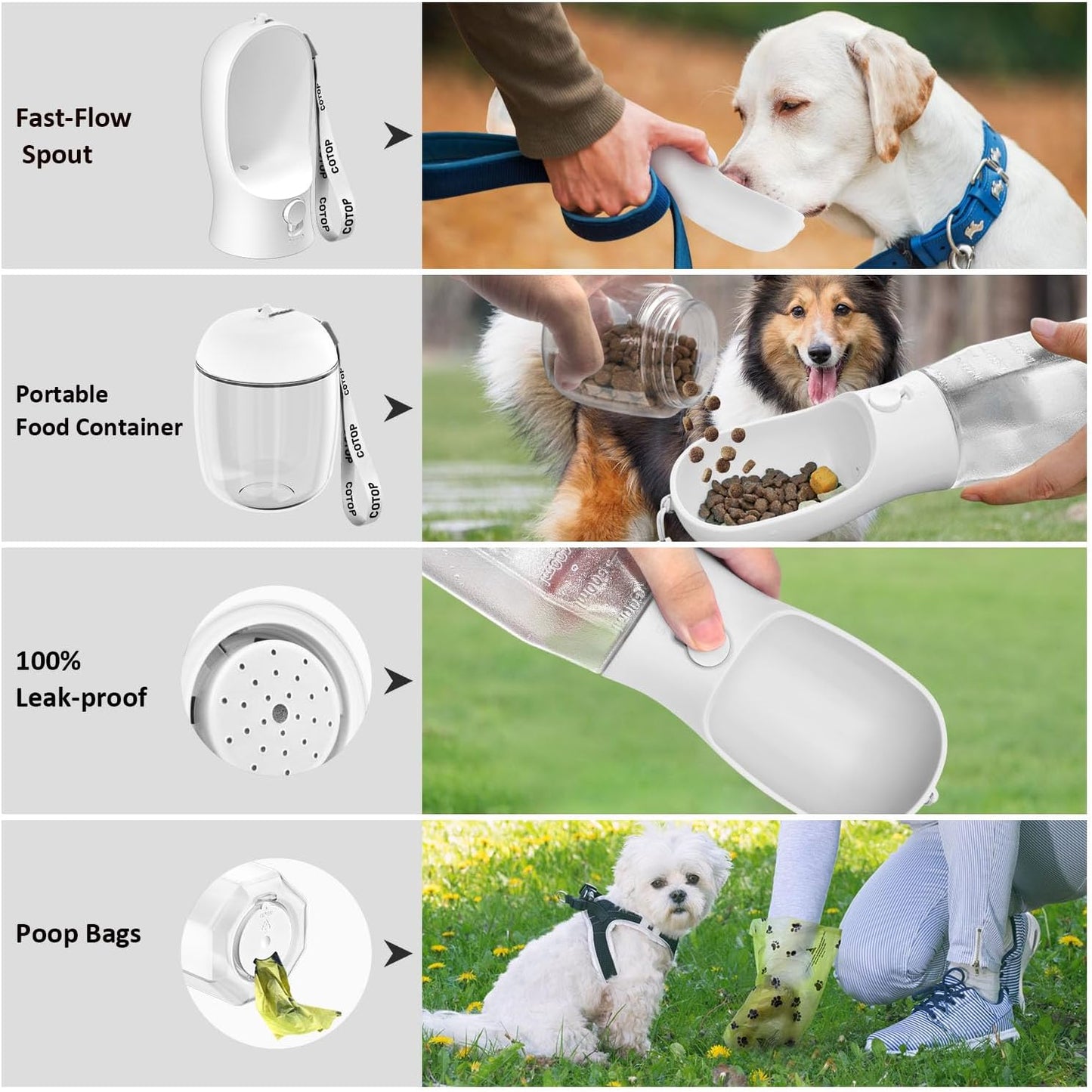 20oz Dog Water Bottle with Food Container & Poop Bag Dispenser | Leak-Proof Portable Pet Water Dispenser with Carabiner Clip | for Walking, Hiking, Travel (White, 20oz)