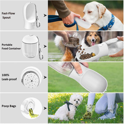 20oz Dog Water Bottle with Food Container & Poop Bag Dispenser | Leak-Proof Portable Pet Water Dispenser with Carabiner Clip | for Walking, Hiking, Travel (White, 20oz)