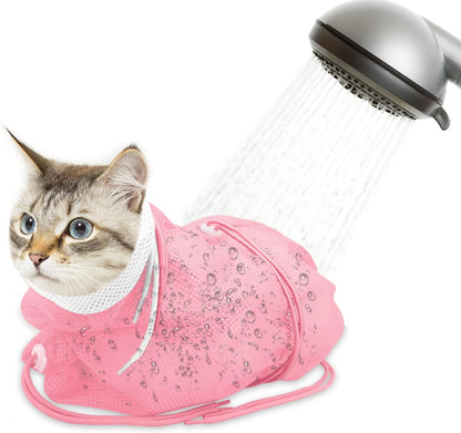 Breathable Mesh Shower Bag - Anti Scratch Adjustable Grooming for Nail Trimming, Bathing - Polyester Soft Cat Washing (White-Pink)