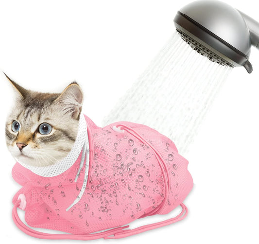 Breathable Mesh Shower Bag - Anti Scratch Adjustable Grooming for Nail Trimming, Bathing - Polyester Soft Cat Washing (White-Pink)