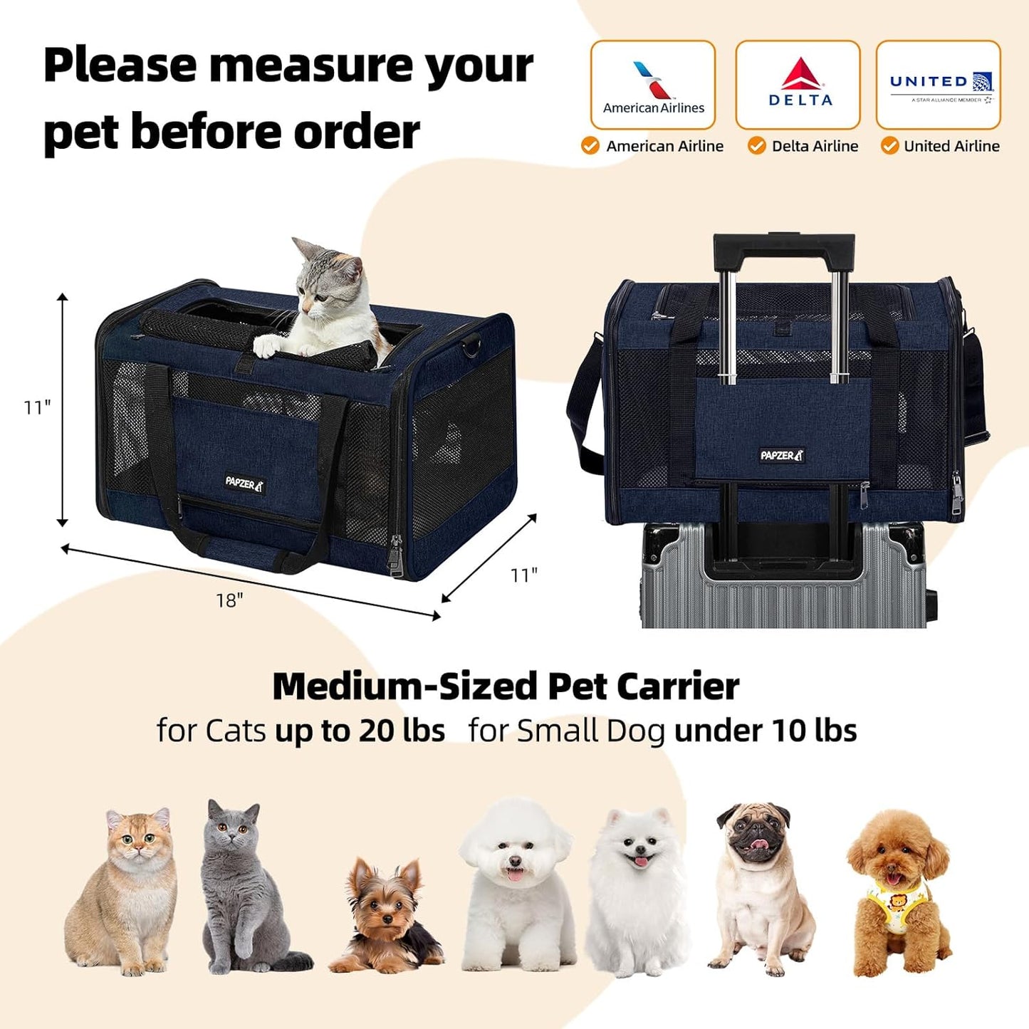 Cat Carrier Soft-Sided 18x11x11 Inch Travel Bag for Medium Cats Over 15lbs, Small Dog Carrier Crate Top Entry Breathable Mesh Puppy 12 Pounds, Pet Rabbit Carrying Cage Kennel Collapsible Navy