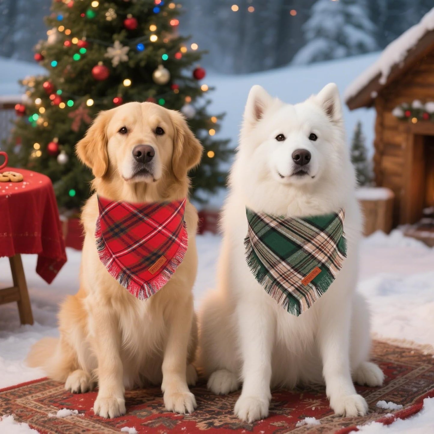 PTDECOR Christmas Dog Bandanas with Tassels Edges, Stylish Red Green Plaid Scarf Bib, Multiple Size, Reversible Triangle Christmas Bandanas for Extra Large Dogs (X-Large)