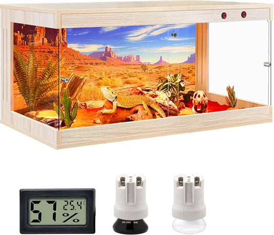 Royxen Tempered Glass Reptile Enclosure,Reptile Tank with Wooden Mesh Top and Lockable Design,32 Gallon Bearded Dragon Tank for Lizard Gecko Tortoise Snake Habitat,32" x 16" x 16",Oak