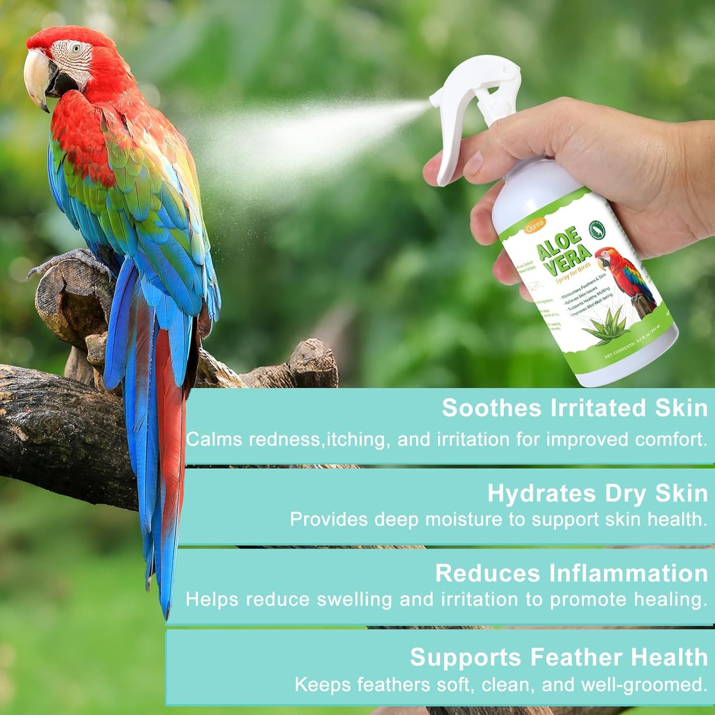 Aloe Vera Bird Spray, Moisturizes Feathers Soothes Dry Itchy Skin, Supports Molting Healthy Plumage, Prevent Feather Plucking Gentle Care, Safe Effective for Parrots Finches All Birds, Odor-Free