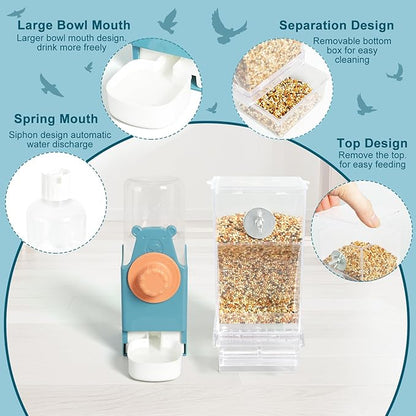 No Mess Bird Feeder Water Dispenser Set, Automatic Parrot Feeder Drinker Cage Accessories, for Parakeets, Cockatiels, Budgies, Macaws, Lovebirds, Canaries - Cage Mounted/External Hanging (Blue)