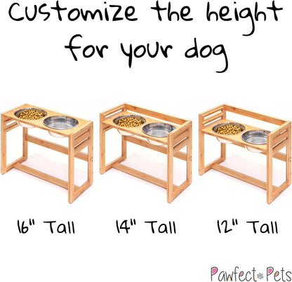 Adjustable Height Elevated Dog Bowls for Large Dogs- 12”, 14”, or 16” Tall with Four Stainless Steel Dog Bowls by Pawfect Pets