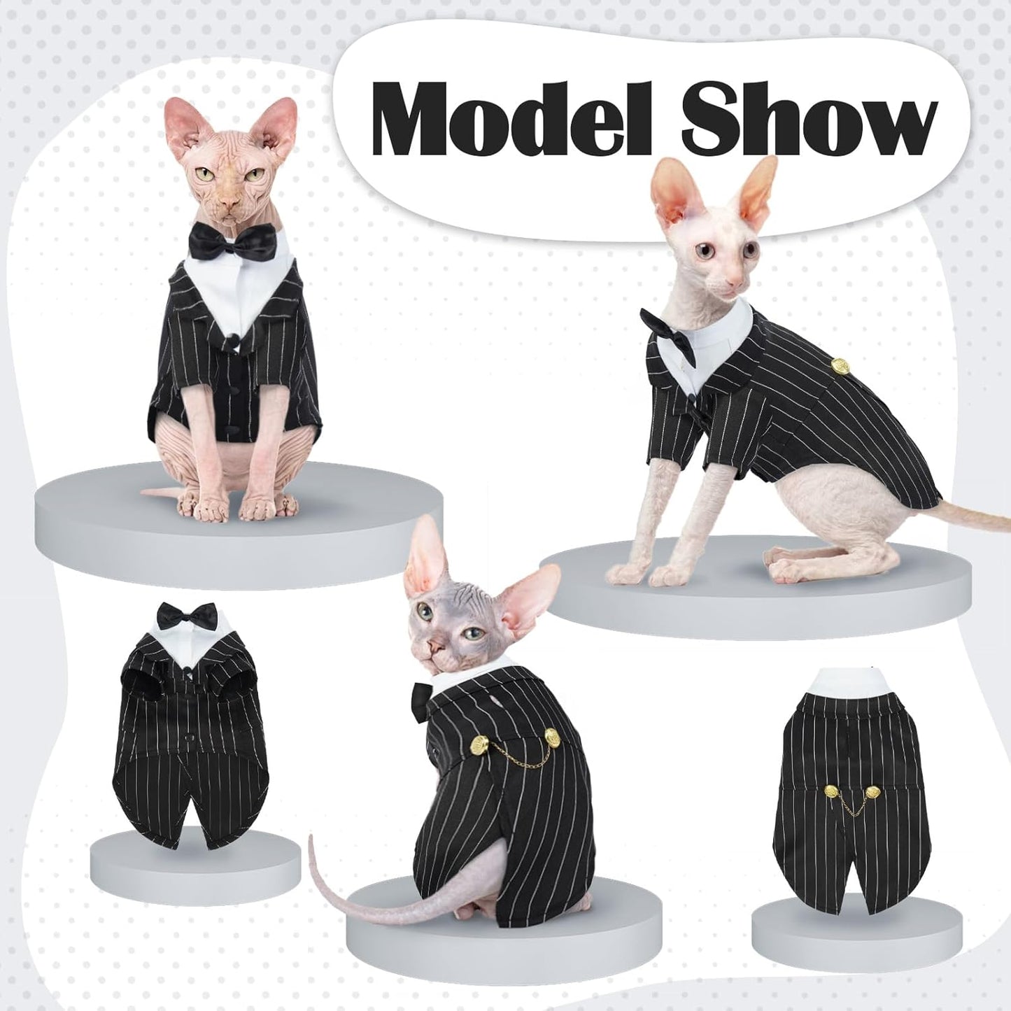 QBLEEV Cat Tuxedo Suit, Sphynx Cat Suit for Cat with Bow Tie, Cat Halloween Costumes for Cats Only, Kitten Formal Attire Wedding Birthday Onesie Clothes for Male Female Hairless Cats