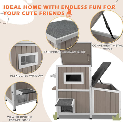 36.1" L Outdoor Cat House,2 Story Wooden Outdoor Cat Shelter with 3 Escape Doors,Weatherproof Fir Wood Feral Cat House with 2 Big Rest Rooms & Openable Asphalt Roof for 2-3 Cats