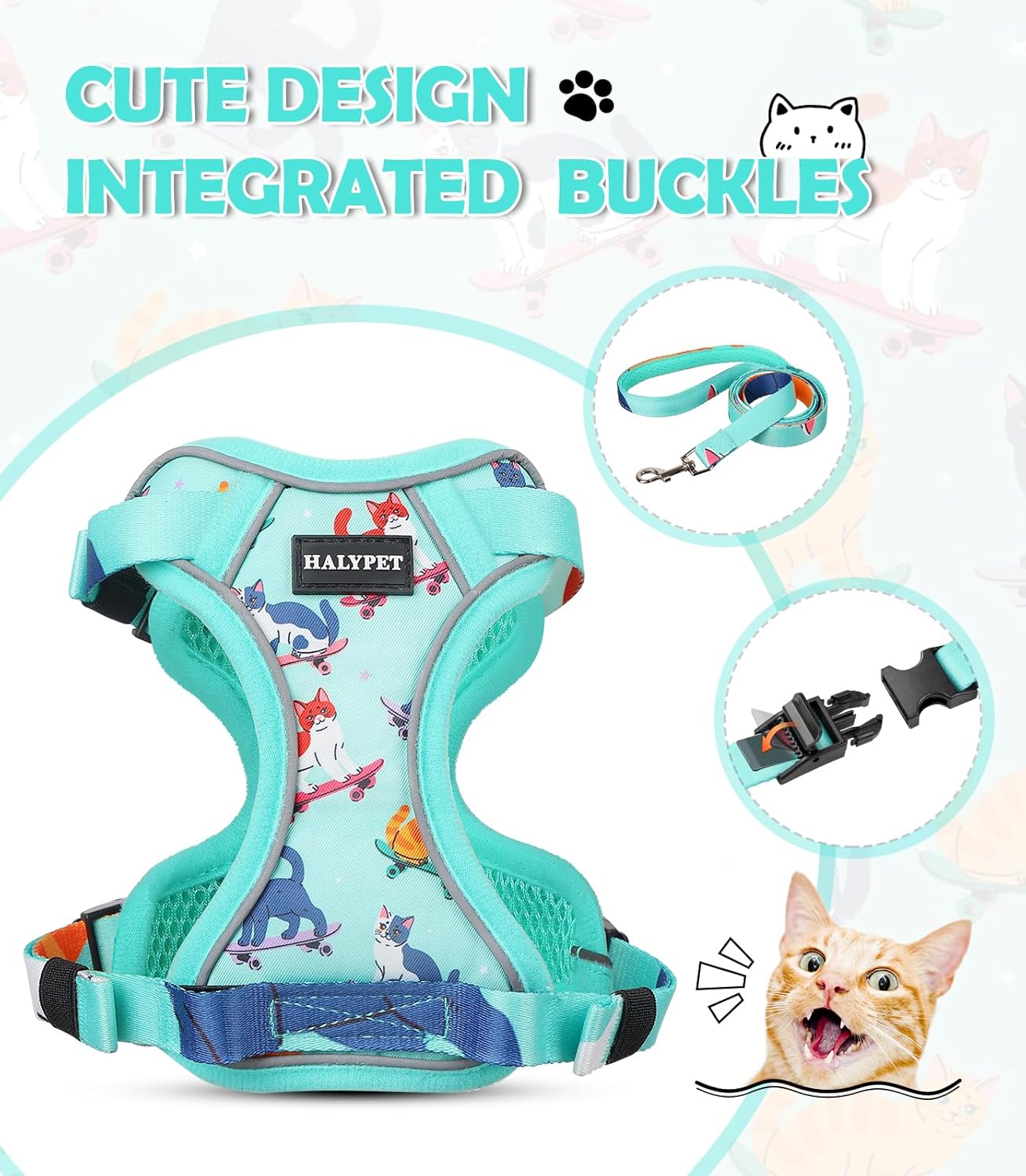 Halypet Cat Harness and Leash Set[MAX Safety 4th-Gen] Cute Escape Proof Vest Harness for Girl&Boy Cat Walking, Comfortable Adjustable Leash and Reflective Strips for Outdoor Kitten, S Purrfect Green
