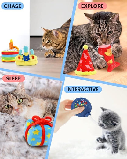 CiyvoLyeen 6Pcs Birthday Themed Catnip Toys Cat Birthday Gift Kitten Interactive Toys for Cat Lover Cake Crown Fish Soft Plush Catmint Pet Supplies Kitty Chew Kick Toys