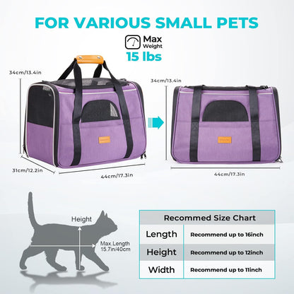 Morpilot Cat Carrier - Soft Sided Cat Carrier Large for Big Medium Cats and Puppy up to 18lbs, Pet Carrier with Safety Zippers, Foldable Bowl, Airline Approved Large Dog Carrier - Purple
